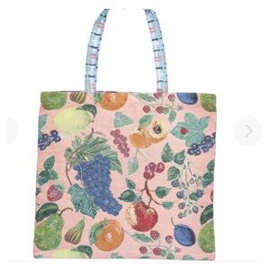 Nathalie Lete Large Tote bag with checked handles. Pink Fruit pattern.